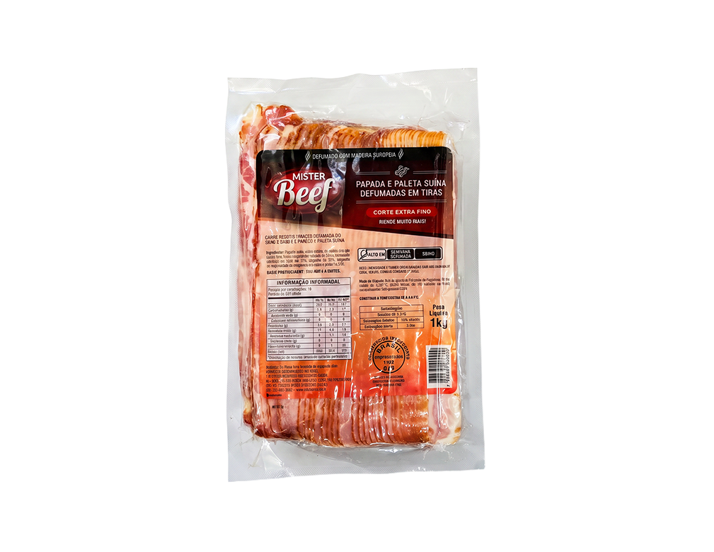 BACON FATIADO PALETA E PAPADA EXTRA FINO MISTER BEEF 1 KG (CX 18 PCT)